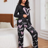 Conjunto De Pijama Informal Para Mujer Con Estampado De Corazon De Amor De 2 Piezas