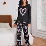 Conjunto De Pijama Informal Para Mujer Con Estampado De Corazon De Amor De 2 Piezas