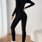 EZwear Conjunto De Dos Piezas De Ropa Deportiva Negra, Chaqueta Con Cremallera Y Leggings