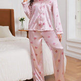 Conjunto de pijama con estampado de corazon ribete en contraste de Satin