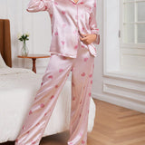 Conjunto de pijama con estampado de corazon ribete en contraste de Satin