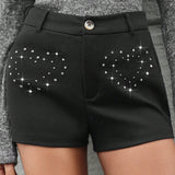 Prive Shorts con diamante de imitacion con estampado de corazon