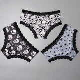 3 Piezas Lenceria De Goth Con Contraste De Encaje Hipster Panties, Prendas De Ropa Interior De Calaveras Con Estrellas Para Halloween, Lenceria Y Ropa Interior De Mujer