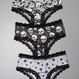 3 Piezas Lenceria De Goth Con Contraste De Encaje Hipster Panties, Prendas De Ropa Interior De Calaveras Con Estrellas Para Halloween, Lenceria Y Ropa Interior De Mujer