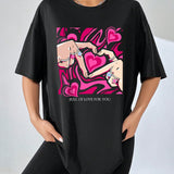 Camiseta de mujer con estampado de corazon y palma rosa de gran tamano con cuello redondo y hombros caidos