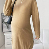 Maternidad Vestido estilo camiseta con diseno de boton de hombros caidos bajo curvo