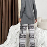 3 piezas unicolor Top de tirantes & con estampado geometrico Pantalones & Bata Conjunto de pijama
