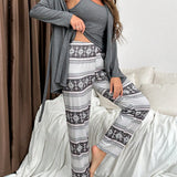 3 piezas unicolor Top de tirantes & con estampado geometrico Pantalones & Bata Conjunto de pijama