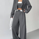 EZwear Blazer crop de cuello con solapa & Pantalones de traje de pierna ancha & Top bandeau