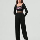 Forever 21 Conjunto De 2 Piezas Para Mujer Compuesto Por Camiseta De Cuello Redondeado Con Estampado De Letras Y Pantalones Con Cintura Elastica