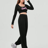 Forever 21 Conjunto De 2 Piezas Para Mujer Compuesto Por Camiseta De Cuello Redondeado Con Estampado De Letras Y Pantalones Con Cintura Elastica