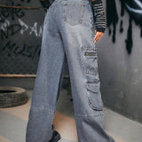 ROMWE Grunge Punk Pantalones Cargo Con Bolsillos Con Solapa Sin Cinturon