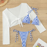 Swim Conjunto de bikini de triangulo halter a rayas con kimono