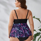 Swim Lushore Conjunto de tankini estampado de mariposas para mujeres de talla grande con tirantes espagueti y parte superior sin espalda