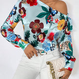 Blusa con estampado floral de cuello asimetrico con nudo lateral