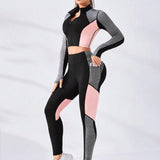 Yoga Futuristic Conjunto Deportivo De Camiseta De Manga Larga Y Leggings Con Estilo De Bloque De Color Y Cremallera