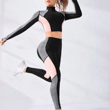 Yoga Futuristic Conjunto Deportivo De Camiseta De Manga Larga Y Leggings Con Estilo De Bloque De Color Y Cremallera