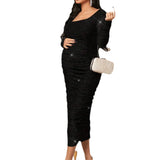 Vestido De Maternidad Con Cuello Cuadrado, Manga Larga Y Volantes