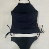 Conjunto de traje de bano para vacaciones en la playa, con diseno elegante y sexy de copas de martini, parte superior halter tankini y Bottom