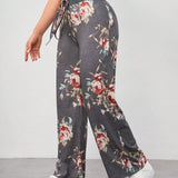 VCAY Pantalones rectos con estampado floral de cintura con nudo