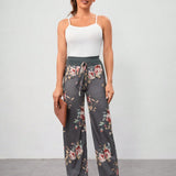 VCAY Pantalones rectos con estampado floral de cintura con nudo