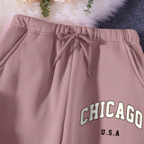EZwear con estampado de letra con forro termico Sudadera & de cintura con cordon Pantalones deportivos