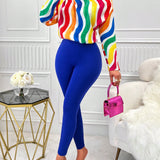 de rayas de arcoiris con estampado Camiseta de hombros caidos & Leggings