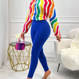 de rayas de arcoiris con estampado Camiseta de hombros caidos & Leggings