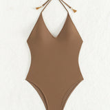 Swim Traje de bano de una pieza halter para mujer con lazo en la espalda, traje de bano para playa de verano