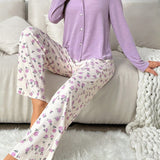 Conjunto De Pijama Estampado Floral Con Botones Frontales