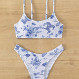 Swim Conjunto bikini de verano con estampado floral y de animales y fruncido en la parte delantera