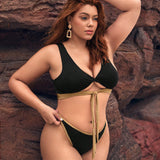 Swim SXY Conjunto De Traje De Bano Recortado Para Mujeres De Talla Grande Con Detalles De Contraste