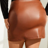 Prive Plus Zip Up Ruched PU Leather Skirt