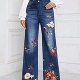 Essnce Jeans con estampado floral de pierna ancha