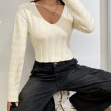 EZwear Jersey De Cuello Redondo Para Mujer De Color Solido Con Hombros Caidos