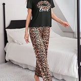 Conjunto De Pijama Para Mujer Con Estampado De Labios, Leopardo Y Texto