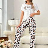 2 piezas con estampado de leopardo con patron de corazon de manga corta Camiseta con largo Pantalones Ropa de casa Set