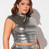 SXY Plus Size Metallic Stand Collar T-Shirt Silver Crop Top Sexy Outfits Club Valentines Outfits
