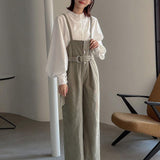 FRIFUL Ladies Solid Color Wide Leg Jumpsuit With Front Buttons, Without Shirt