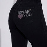 EZwear Pantalones De Mezclilla Con Diseno De Eslogan De Vidrio De Diamantes De Imitacion