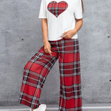 PETITE Conjunto De Mono Con Pantalones Anchos Y Manga Corta Con Estampado De Corazones