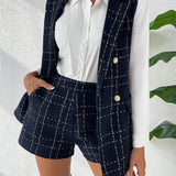 Frenchy de cuadros de doble botonadura Blazer chaleco & Shorts