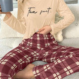 Conjunto De Pijama Con Pantalones A Cuadros De Manga Larga Y Estampado De Letras