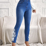 EMERY ROSE 3d Jeans ajustados de mujeres con bordado flores