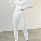 EZwear Leggings Blancos Y Conjunto De Camiseta De Cuello De Pie Con Cremallera