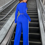 EZwear Conjunto De Camiseta Corta Y Pantalon De Mujer Con Rayas Laterales Y Contraste En Azul