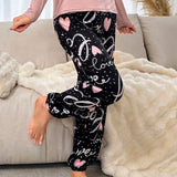 Pantalones De Dormir Decorados Con Lazo Y Estampado De Corazones Y Alfabeto De Seda De