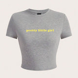 EZwear Camiseta cortada de manga corta ajustada para mujer con estampado de slogan y cuello redondo "Pretty Little Girl"