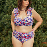 Swim Curve Conjunto De Traje De Bano Con Estampado Floral De Talla Grande Y Detalle De Borde Con Volantes