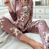 Conjunto De Ropa De Hogar Con Cuello Vuelto, De Manga Larga Y Pantalones Largos Con Estampado Floral De Seda Simulada